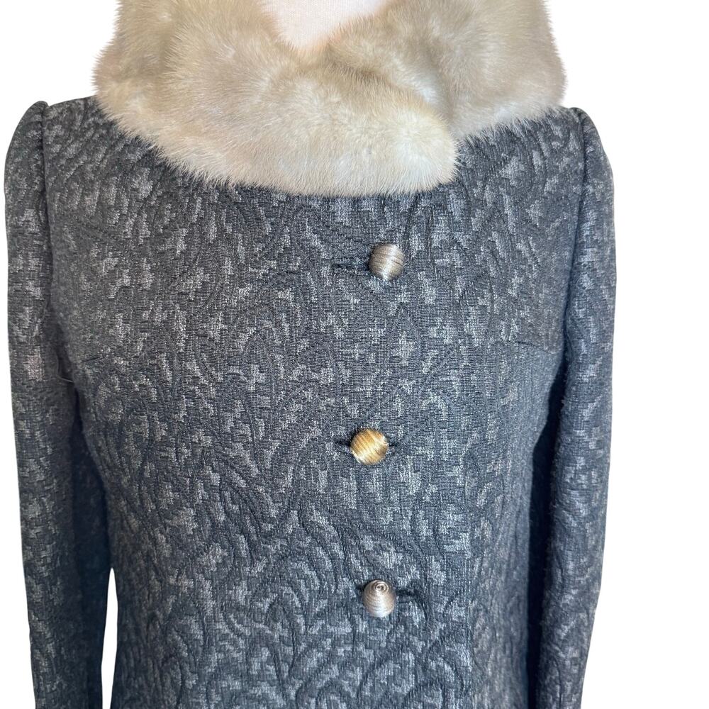 VINTAGE 1950's Gray‎ Jacquard Tapestry Long Women's Coat Mink Fur ILGUW Sz Small - Picture 3 of 14